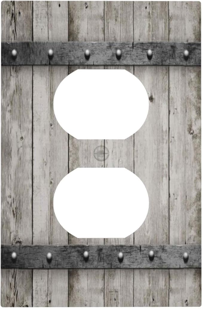 Farmhouse Grey Wood Barn Door 1 Gang Outlet Plate Duplex Decorative Outlet Covers Vintage Farmhouse Outlet Covers Electrical Receptacle Lightswitch Faceplate Rustic Wood 5"" X 3"（Plastic ）