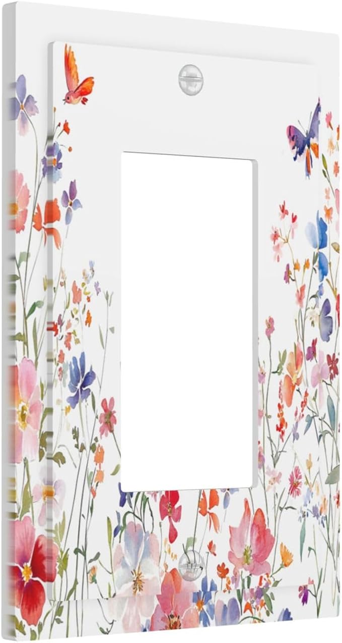 Colorful Flower Watercolor Floral Butterfly Bird Decorative Outlet Covers 1 Gang Single Rocker Light Switch Cover Plate Wall Plates GFCI Faceplate for Bedroom Living Room Decor