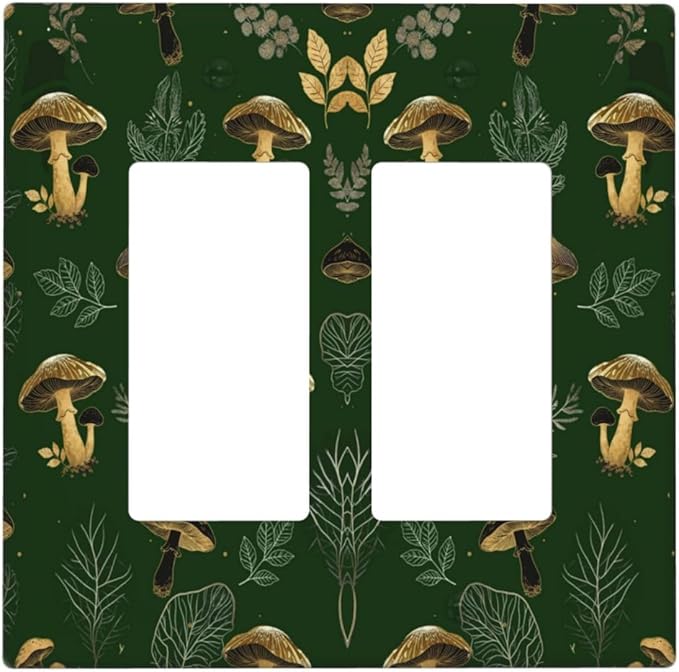 Decorative Outlet Covers Cute Gold Mushtroom Green Plant Leaf 2 Gang Light Switch Cover Plate Double Rocker Wall Plates for Electrical Outlets Switch Plate Covers for Bedroom Home Decor