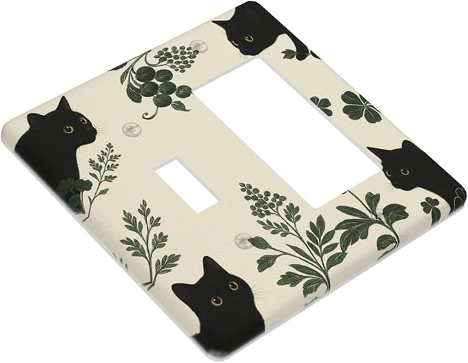 Decorative Outlet Covers Funny Black Cat Green Leaf 2 Gang Light Switch Cover Plate Single Toggle 1 Rocker Wall Plates for Electrical Outlets Switch Plate Covers for Bedroom Home Decor