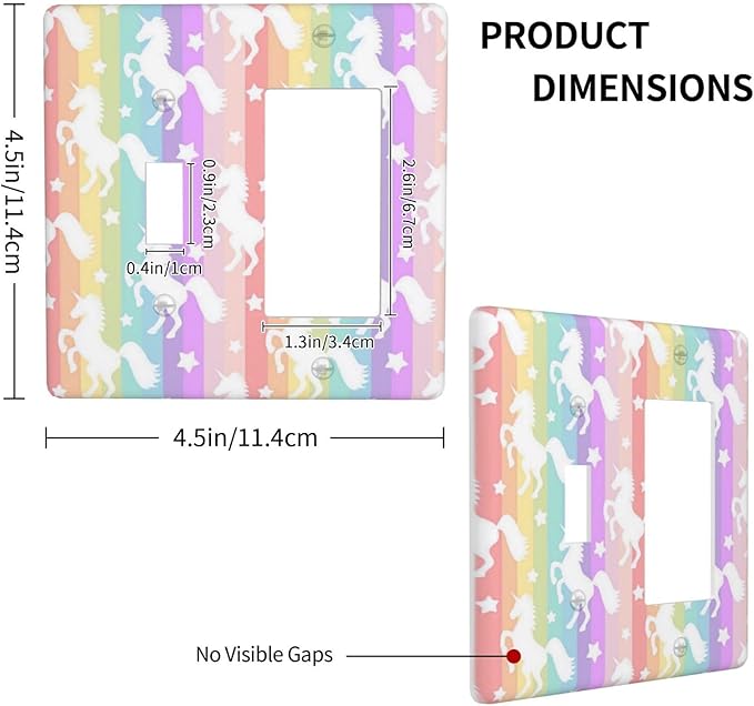 Purple Pink Girly Kid Girl Cute Colorful Rainbow Unicorn Decorative Single Toggle/Rocker Combo Light Switch Cover 2-Gang Electrical Wall Plate Double Combination Switch Decorator GFCI Receptacle Cover