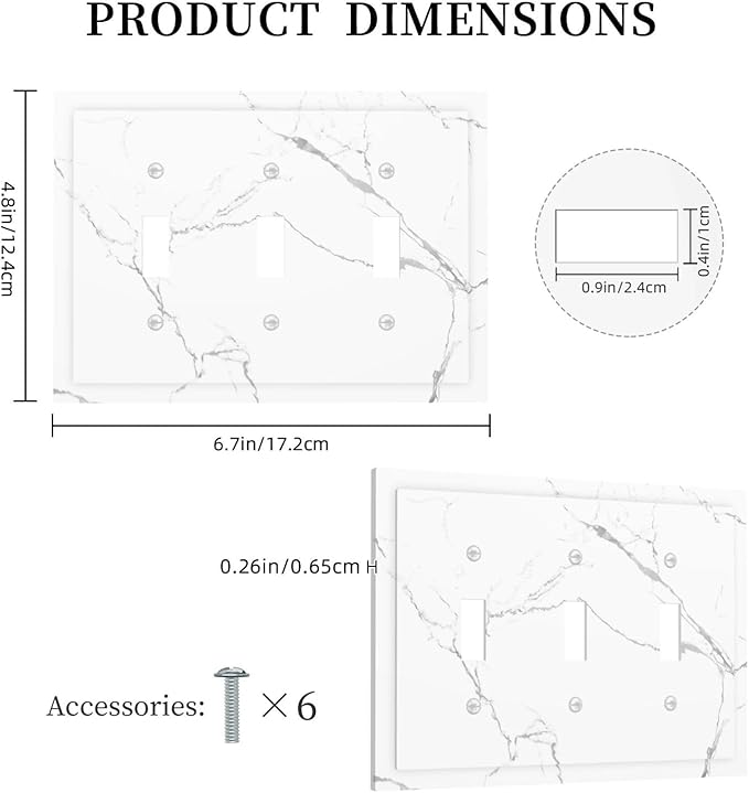 Luxurious White Marble Abstract Print Decorative Switch Plates 3 Gang Wall Plate Triple Toggle Light Switch Cover Faceplate Electrical Wall Panels for Bathroom Kitchen Bedroom Decor