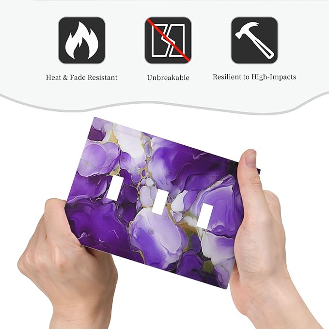 Decorative Light Switch Cover Plate Abstract Luxury Purple Gold Marble Textures 3 Gang Wall Plate Oversized Triple Toggle Switch Cover Plate Jumbo Electrical Face Plate for Bedroom Decor
