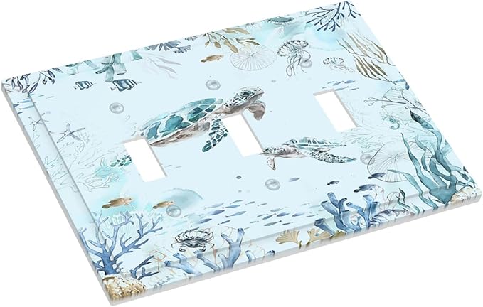 Decorative Switch Plates Teal Blue Ocean Sea Turtle Seabed Plants 3 Gang Wall Plate Faceplate Triple Toggle Light Switch Cover Electrical Wall Panels for Bathroom Kids room Decor
