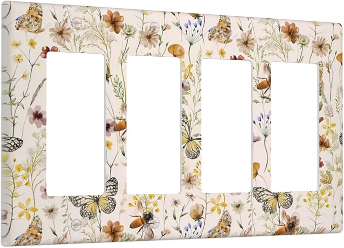 Vintage Butterflies Quad Rocker Decora Wall Plate Decorative Colorful Wildflower 4 Gang Light Switch Cover Cute Bees GFCI Electrical Outlet Switchplate Beige Flower Leaves Dimmer Decor for Bedroom