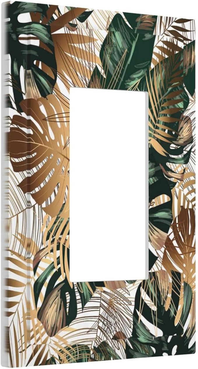 Green Tropical Leaves Gold Palm Leaf Botanical 1 Gang Rocker Light Switch Covers Decorative Unique Single Decora Outlet Wall Plate Faceplate Switchplate GFCI for Bedroom Bathroom Decor
