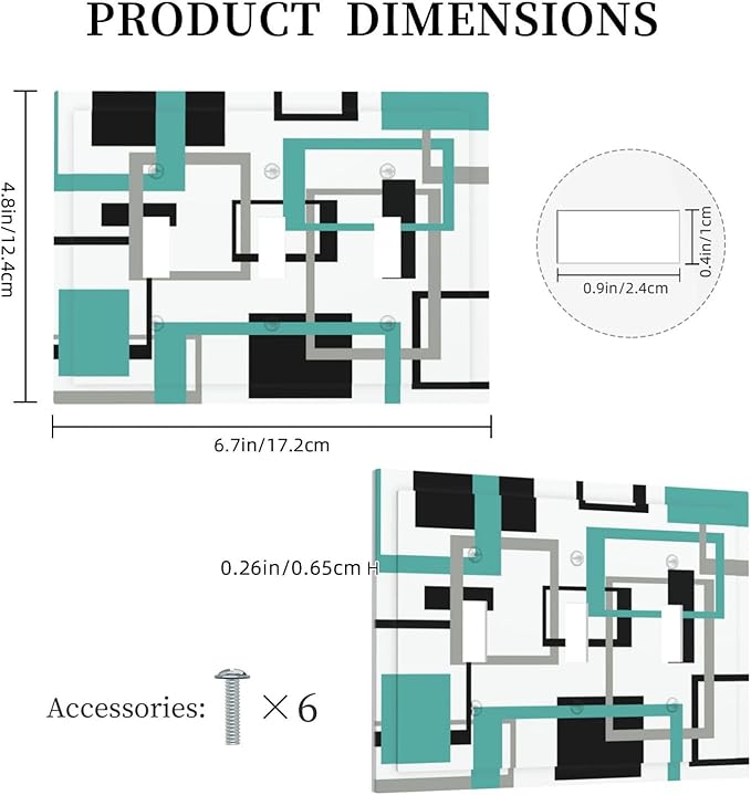 Geometric Turquoise Black Gray Modern Abstract Boho Decorative Switch Plates 3 Gang Wall Plate Triple Toggle Light Switch Cover Faceplate Electrical Wall Panels for Office Nursery Decor