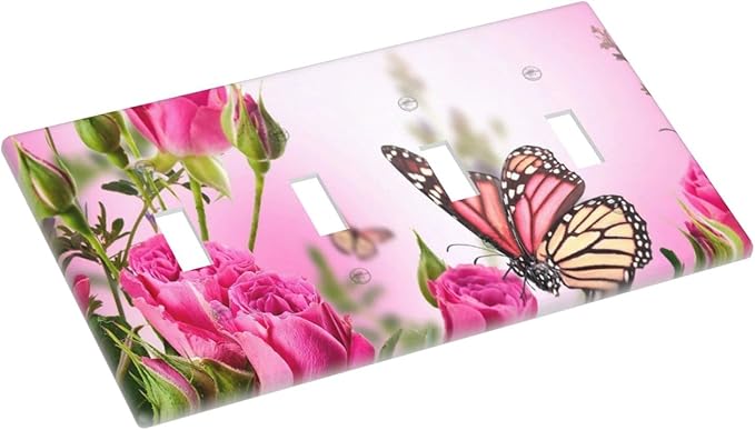 Pink Rose Butterfly Flower 4 Gang Light Switch Cover Decorative Quad Toggle Wall Plate Decorative Electrical Faceplate for Spring Butterfly Floral Kitchen Home Barn Farmhouse Decorate Large 8" x 4.5