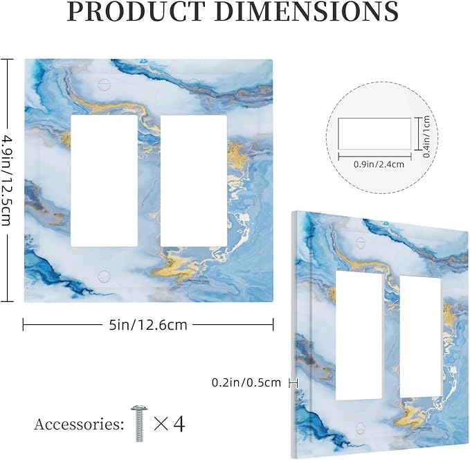 Beautiful Marble Texture Blue Gold Fluid Abstract Print Decorative Outlet Covers 2 Gang Double GFCI Rocker Electrical Wall Panels Light Switch Cover Plate for Bedroom Bathroom Decor