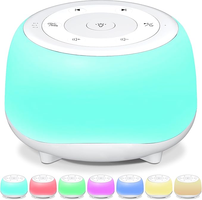 HEYAXA White Noise Sound Machine with 7 Colors Night Light 34 Soothing Sounds, Portable Sound Machine for Baby Adults Kids Sleep with 30 Volume Levels 4 Timers Adjustable Brightness (White)