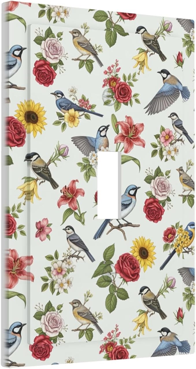 Vintage Birds & Blooms 1-Gang Toggle Light Switch Plate, English Countryside Chintz Botanical Floral & Songbird Decorative Wall Plate for Bedroom Decor