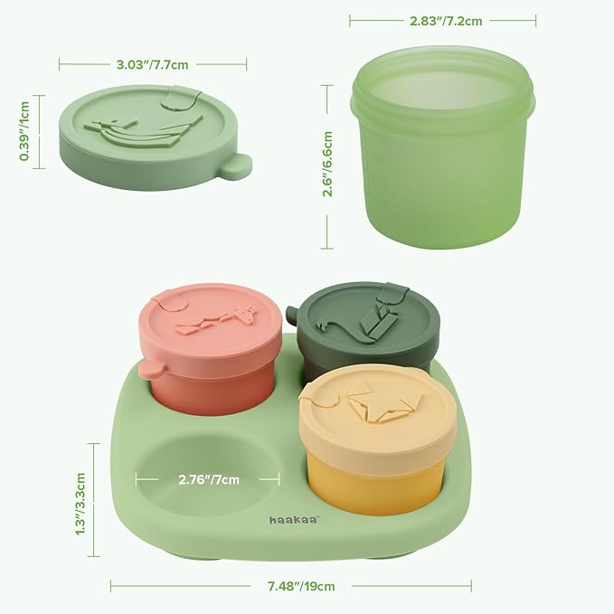 Haakaa Silicone Baby Food Containers, 4oz/120ml Baby Food Jars with Leakproof Lids and Tray, Freezer-Safe Food Storage for Purees & Snacks, 4 Pack,Spring Green Tray