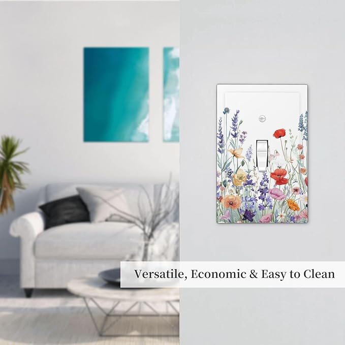 Colorful Floral Purple Lavender Flower Leaves Plants Decorative Light Switch Cover 1 Gang Single Toggle Device Electrical Faceplate Switchplates Decorator Outlet Wall Plate for Bed Room Living Room