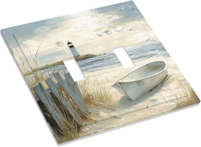 Sea Beach 2 Gang Light Switch Cover Old Ship Reed Lighthouse Seascape Double Toggle Wall Plate Decorative Electrical Switchplate Covers for Country Bedroom Kitchen Living Room Decor