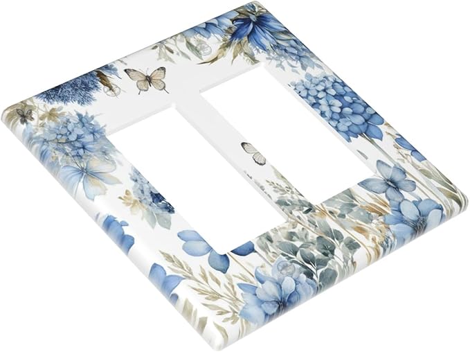 Decorative Outlet Covers Boho Blue Flowers Rustic Beige Butterfly Leaves 2 Gang Wall Plate Double Rocker Switch Light Switch Plate Covers Jumbo Dual Electrical GFCI Switch Cover Plate