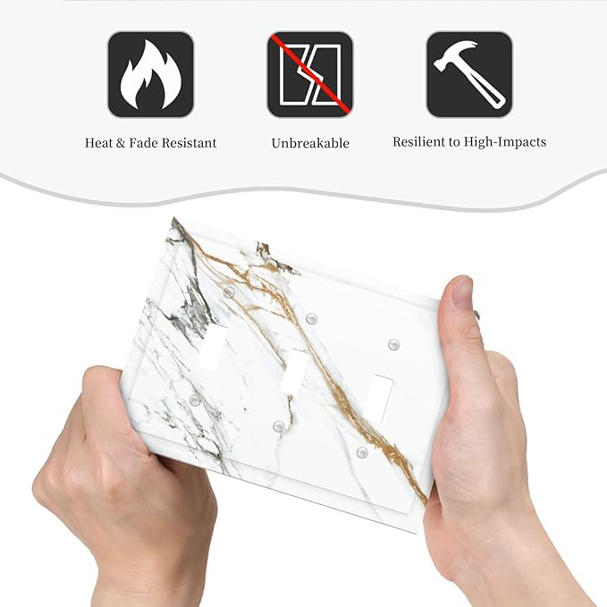 White Gold Marble Modern Abstract Luxury Print Decorative Switch Plates 3 Gang Wall Plate Triple Toggle Light Switch Cover Faceplate Electrical Wall Panels for Bathroom Kitchen Decor