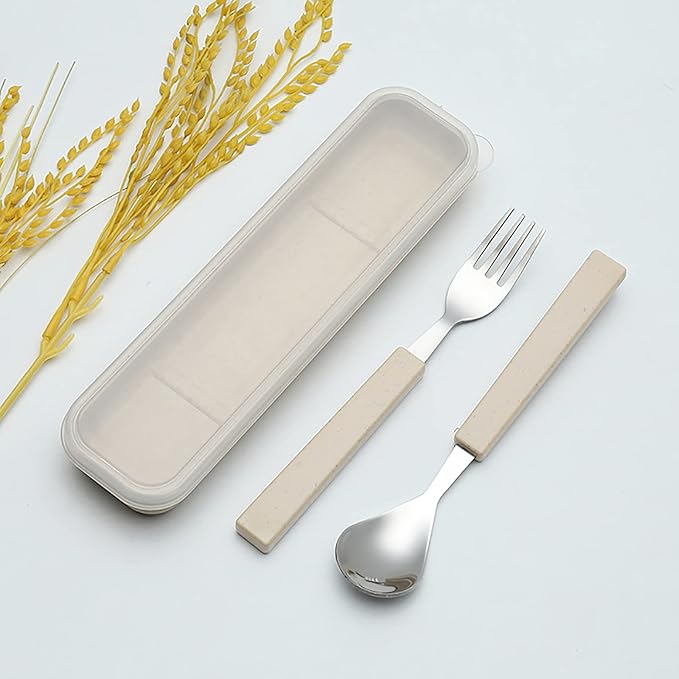 VANRA 2-Piece Children Flatware Set 18/10 Stainless Steel Child Tableware Set Silver Cutlery Set Silverware Dinner Utensils Spoon Fork Set with Travel Case for Kids Toddlers (Chrome Finished) (Cream)