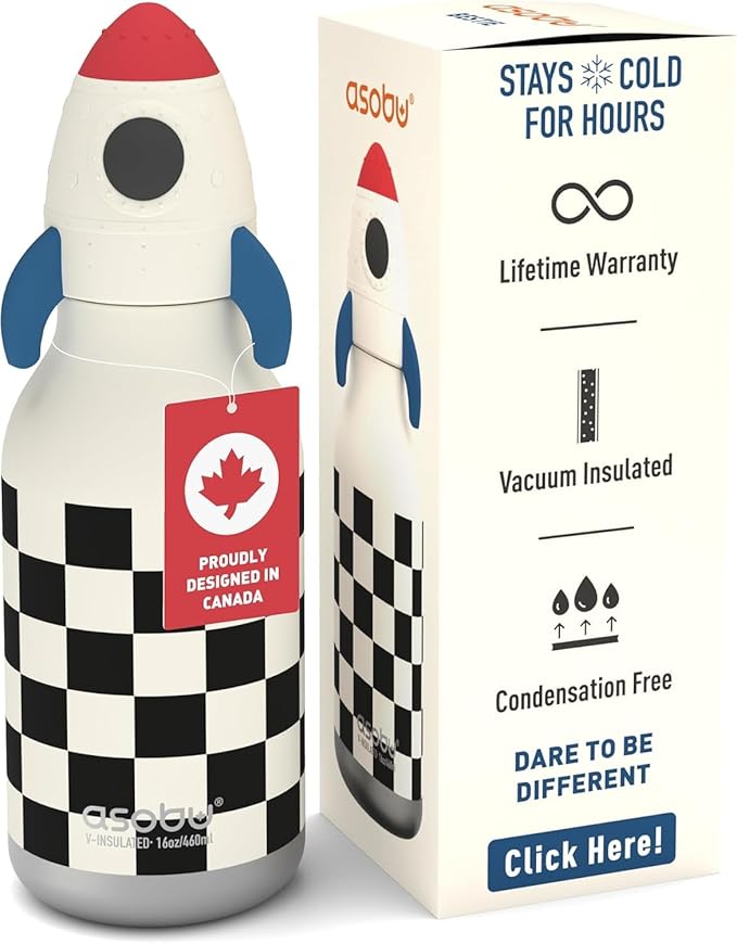 asobu Bestie Bottle Insulated Stainless Steel Water Bottle with Detachable Soft Animal Head Fun Drinking For Kids and Teens with Flexible Reusable Straw 16 Ounce (Rocket Checker Bottle)