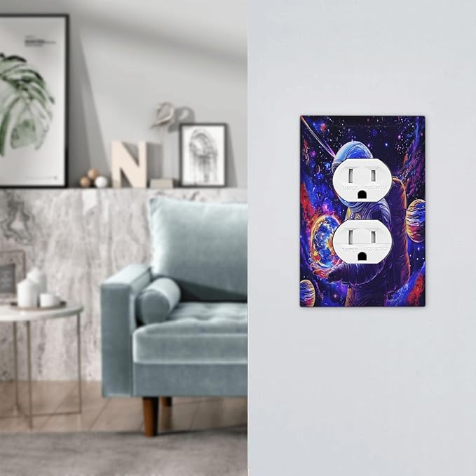 Astronaut Space Cool Galaxy Planet Outlet Covers 1 Gang Duplex Light Switch Cover Decorative Switch Plates Electrical Receptacle Faceplate Wall Plate for Kids Room Nursery Decor
