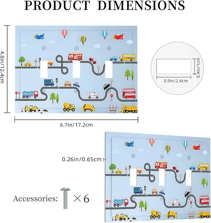 Road Construction Car Truck Hot Air Balloon Decorative Switch Plates 3 Gang Wall Plate Triple Toggle Light Switch Cover Faceplate Electrical Wall Panels for Nursery Kids Room Decor