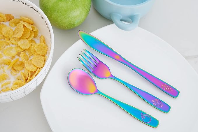 12 Piece Stainless Steel Kids Silverware Set - Child and Toddler Safe Flatware - Kids Utensil Set - Metal Kids Cutlery Set Includes 4 Small Kids Spoons, 4 Forks & 4 Knives - UV Rainbow