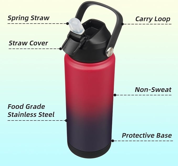 Konokyo Insulated Water Bottle with Straw Lid,24 oz Stainless Steel Vacuum Metal Bottle with Silicone Handle,Rosy Red