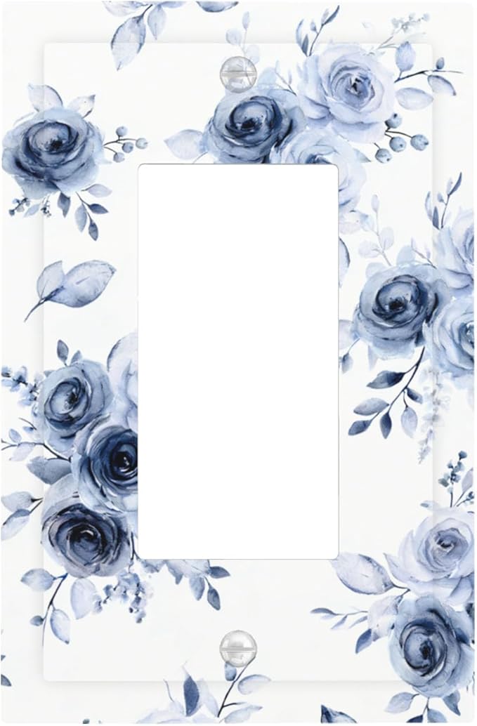 Watercolor Blue Roses Single Rocker Switch Cover - 1-Gang Standard US Size Serene Floral Light Switch Covers, French Country Vintage Bouquet for Farmhouse Homes
