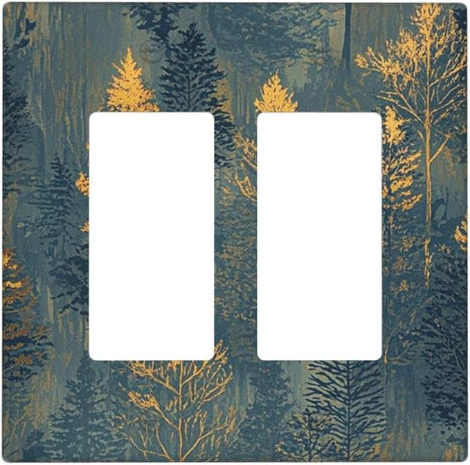 Decorative Outlet Covers with Golden Trees & Abstract Gradient Forest Landscape Design 2 Gang Wall Plate Double Rocker Light Switch Cover Switch Plate Cover for Blue Retro Home Decor