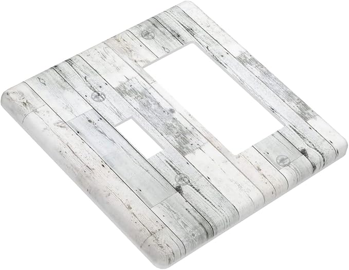 Grey White Wood 2 Gang Single Toggle/Rocker Combination Light Switch Cover Decorative Wall Plate Faceplate Boys Kids Teen Girl Bedroom Room Decorate 4.5" x 4.5