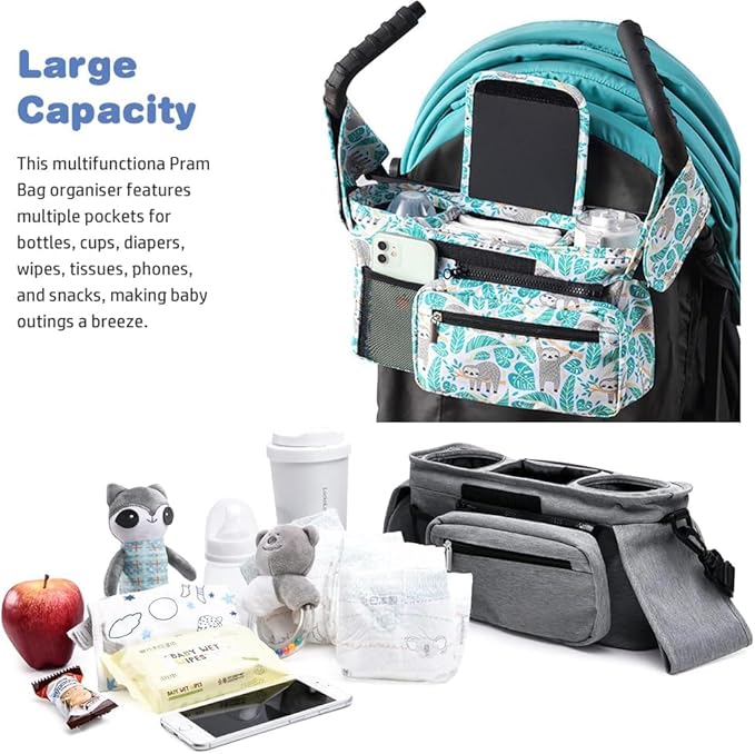 Baby Stroller Organizer, Universal Stroller Organizer with Detachable Phone Bag, Stroller Caddy with 2 Insulated Cup Holders, Buggy Organizer Bag with 2 Hooks Fits Most Strollers (Sloth)