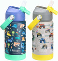 rockpapa 2 Pack Kids Insulated Water Bottle with Straw, BPA-Free, Stainless Steel, Leak Proof 14OZ Metal Cup Water Bottle for School Boys Girls (Dinasour+Grey Trucks)
