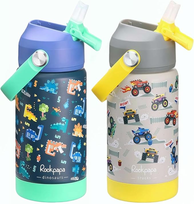 rockpapa 2 Pack Kids Insulated Water Bottle with Straw, BPA-Free, Stainless Steel, Leak Proof 14OZ Metal Cup Water Bottle for School Boys Girls (Dinasour+Grey Trucks)
