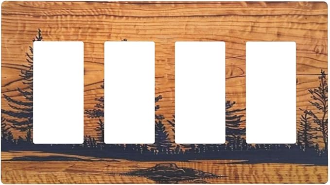 Forest Woods Decorative 4 Gang Quad Decorator Rocker/GFCI Outlet Light Switch Cover Pine Tree Lodge Cottage Barn Cabin Woodland Wooden Jungle Rustic Vintage Wall Plate Electric Faceplate Screwless