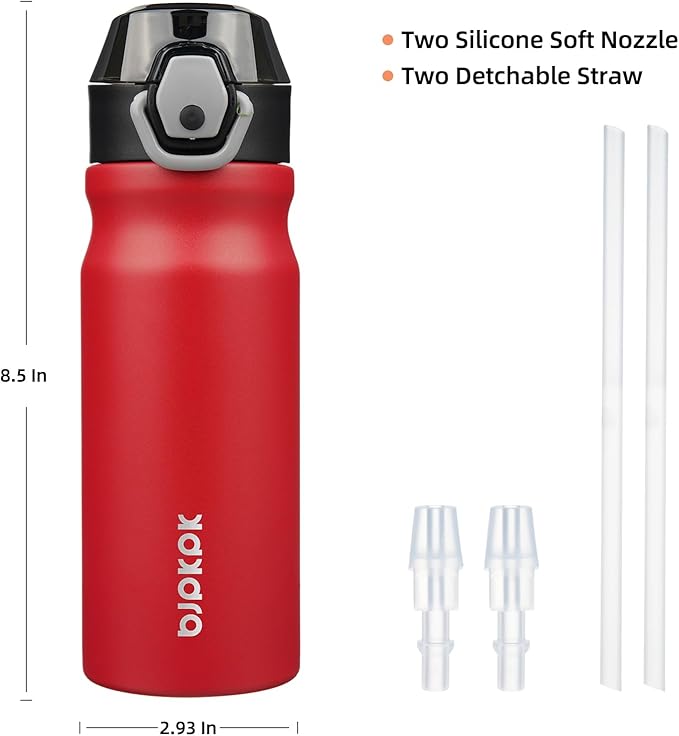 BJPKPK 18oz Insulated Water Bottle with Straw Stainless Steel Double Wall Water Bottles BPA Free Leak Proof Thermal Flask with Lockable Flip Lid and Soft Silicone Spout,Red