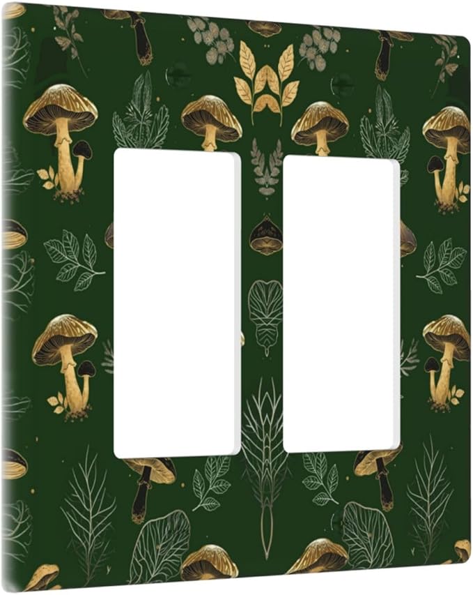 Decorative Outlet Covers Cute Gold Mushtroom Green Plant Leaf 2 Gang Light Switch Cover Plate Double Rocker Wall Plates for Electrical Outlets Switch Plate Covers for Bedroom Home Decor
