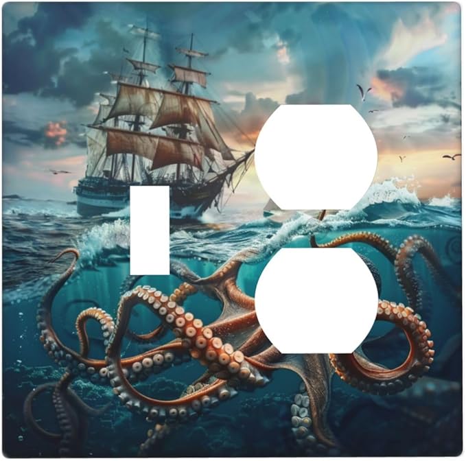Light Switch Cover Plate Sailboat Ship Octopus Ocean Sea Waves 2 Gang Decorative Switch Plates 1 Toggle Duplex Combo Outlet Covers GFCI Wall Plates for Bathroom Bedroom Decor