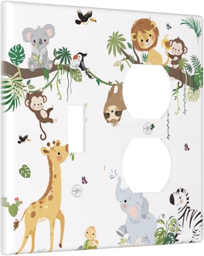 Jungle Animals Tree Branch Monkey Giraffe Lion Elephant Wallplates 1 Toggle 1 Duplex Switch Plate Electrical GFCI Faceplate Decorative Light Switch Covers for Kids Room Nursery Decor