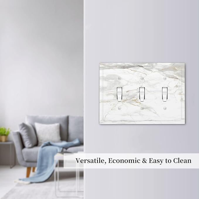 White Marbling Golden Stream Lines Print Decorative Switch Plates 3 Gang Wall Plate Triple Toggle Light Switch Cover Faceplate Electrical Wall Panels for Bathroom Kitchen Decor