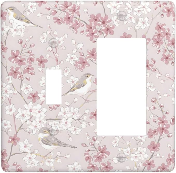 Pink Sakura Cherry Blossom Vintage Bird Floral Flower Outlet Covers 1 Toggle 1 Rocker Combination Decorative Wall Plate Electrical Switch Plates Light Switch Cover Plate for Bedroom Living Room Decor