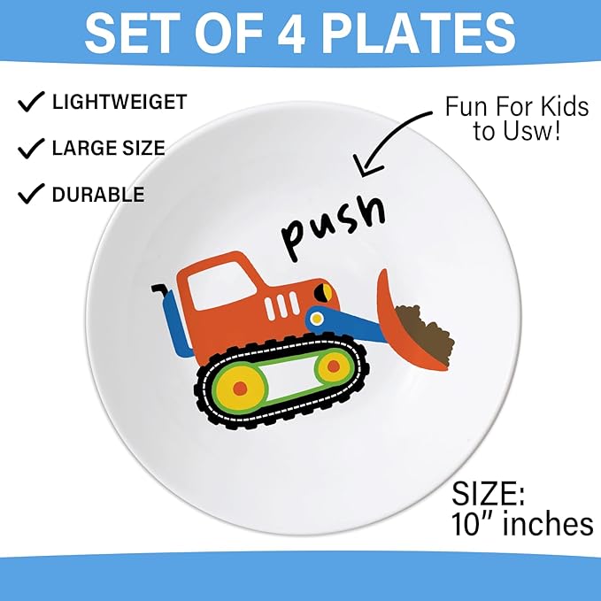 4 Set 10 Inch Construction Truck Plates Melamine Construction Truck Dinnerware Set Reusable Baby Shower Vehicle Melamine Plate Dishwasher Safe for Toddlers Creatively Drop Resistant Cute Plastic Dish