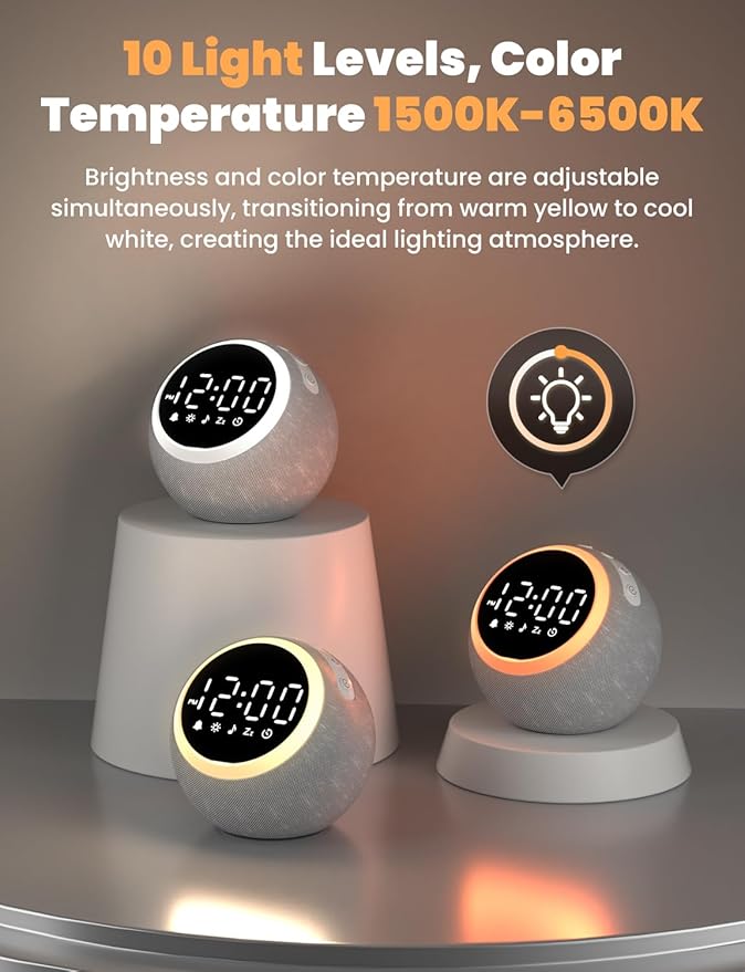 LIORQUE Alarm Clock with White Noise Machine & Night Light, 25 Soothing Sound, Adjustable Volume, Sleep Timer, Ideal for Baby Kids Adult, Easy to Use Alarm Clock for Bedrooms