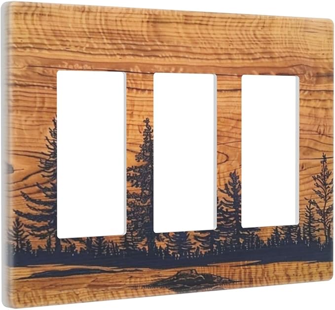 Country Farm Forest Pine Tree Woodland Woods Wooden Board Screwless Decorator Wall Plates Mid-Size 3-Gang Triple Rocker Outlet Light Switch Cover Plate for Dimmer, GFCI, USB Receptacle Faceplate Cover