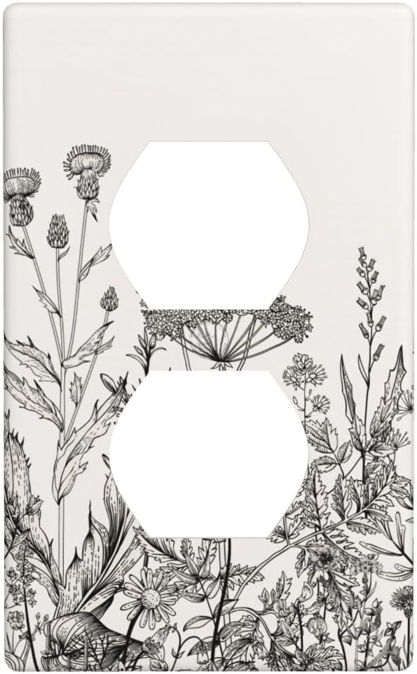 1-Gang Duplex Wall Plate, Gray Vintage Floral Printed Outlet Cover, Neutral Cottage Garden Retro Wildflower Decor for Bedroom Kitchen Living Room & Sunroom