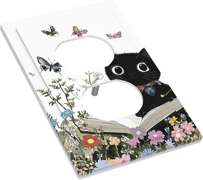 Outlet Covers Cute Cat Wildflowers Boho Flowers Floral 1 Gang Duplex Light Switch Cover Decorative Switch Plates Electrical Receptacle Faceplate Wall Plate For Nursery Kids Room Decor