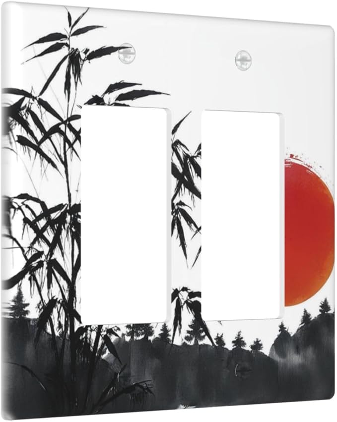 Decorative Outlet Covers Artistic Describe Black Bamboo Japanese Red Sun 2 Gang Wall Plate Double Rocker Switch Light Switch Plate Covers Jumbo Dual Electrical GFCI Switch Cover Plate