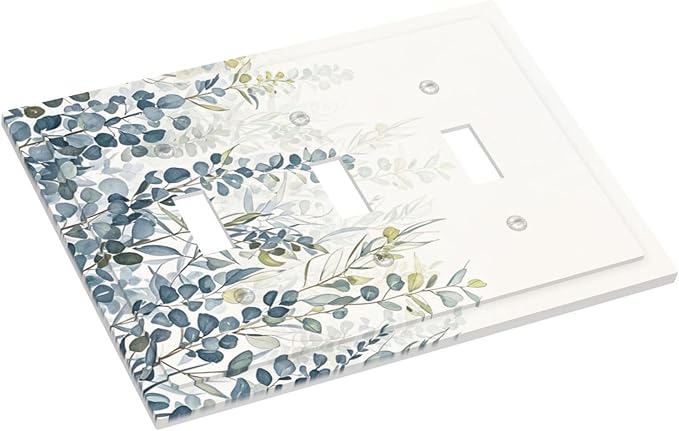 Decorative Switch Plate Cover with Green & Blue Watercolor Eucalyptus Botanical Foliage Design 3 Gang Artistic Wall Plate Unique Triple Toggle Light Switch Covers for Living Room Decor