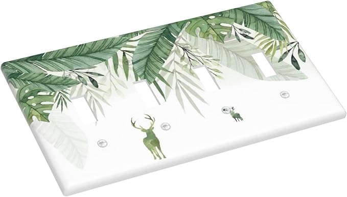 Deer Banana Leaves Palm Trees Green Plants Light Switch Covers Quad Toggle Electrical Faceplate 4 Gang Wall Plate Decorative Switch Plates for Bed Room Living Room Decor