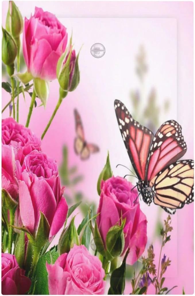 Pink Rose Light Switch Cover No Device Wall Plate Decorative 1 Gang Blank Faceplate Electrical Switchplate Spring Butterfly Floral Teen Girl Woman Valentine's Day Kitchen Bathroom Home Art Panel Decor