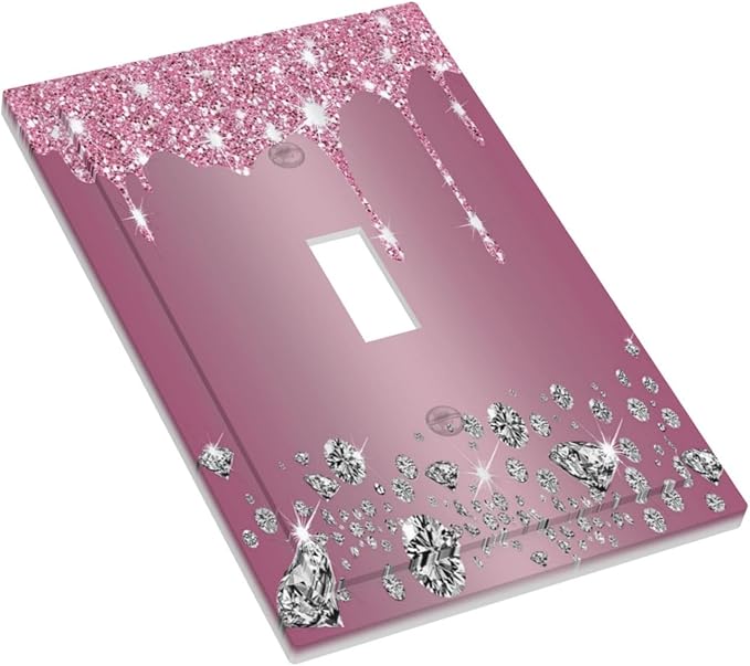 Sparkling Diamonds Pink Silver Glitter Drops Print 1 Gang Light Switch Covers Decorative Unique Single Toggle Wall Plate Switchcover Electrical Switchplate for Kitchen Bathroom Bedroom Decor