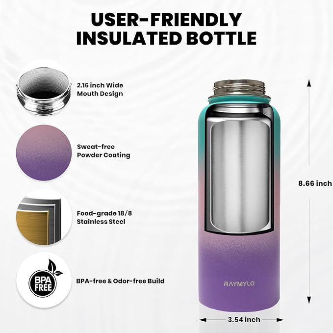 RAYMYLO Insulated Water Bottle 32 oz, Triple Wall Vacuum Stainless Steel (Cold for 24Hrs, Hot for 12Hrs), Leak Proof & Non-BPA, Modern Water Flask Jug with Paracord Handle & Straw Spout Lids